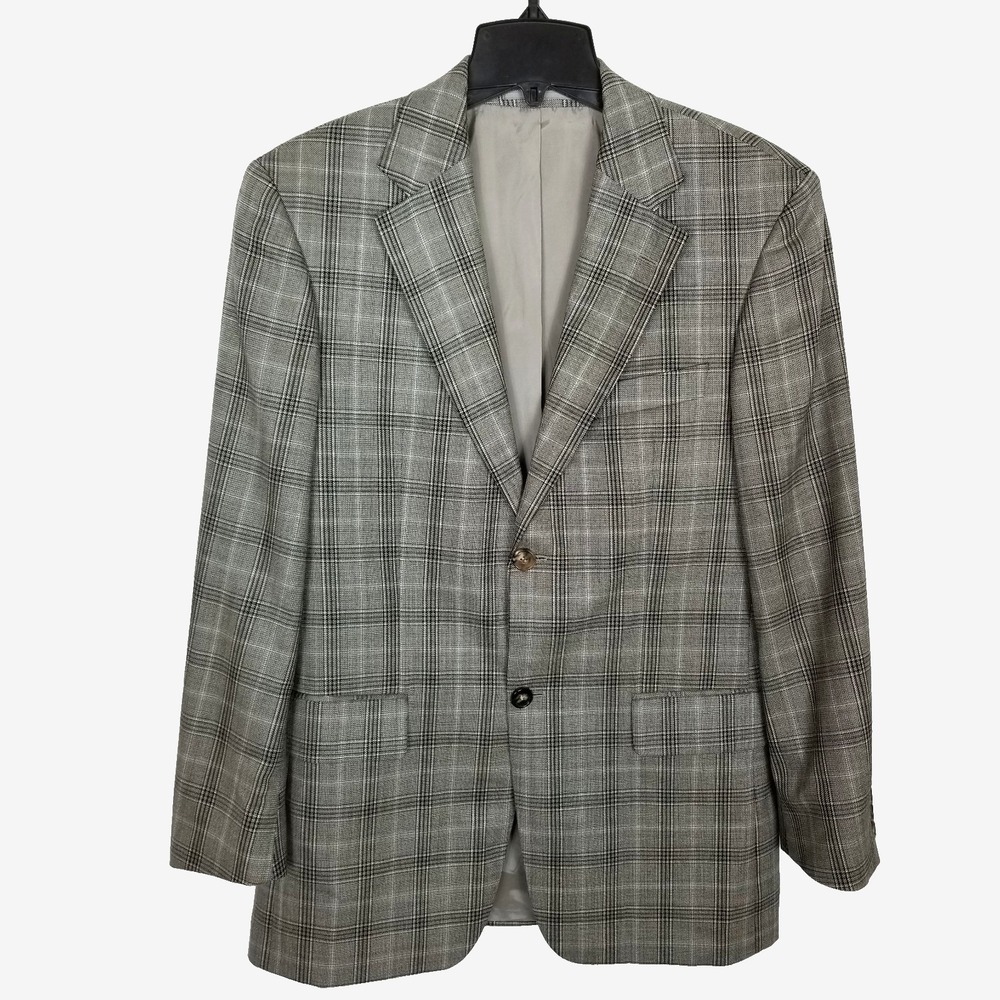 Boss Hugo Boss Men Silk Wool Tizian Plaid Blazer Jacket Sz 44 Gray Sport Coat
